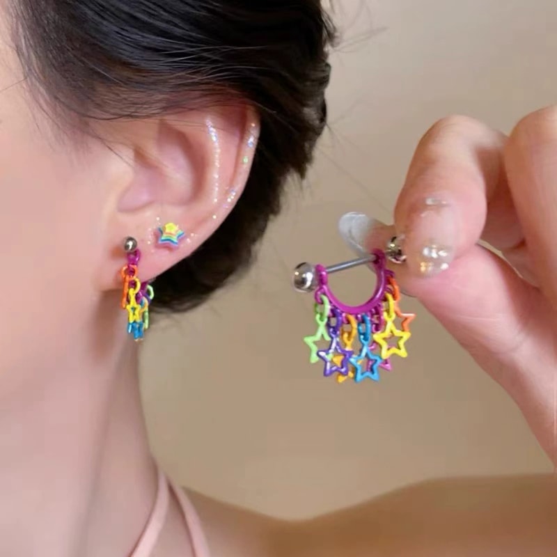Colorful Hollow Star Tassel Earrings for Women Trendy Geometric Hip Hop Earbone Studs