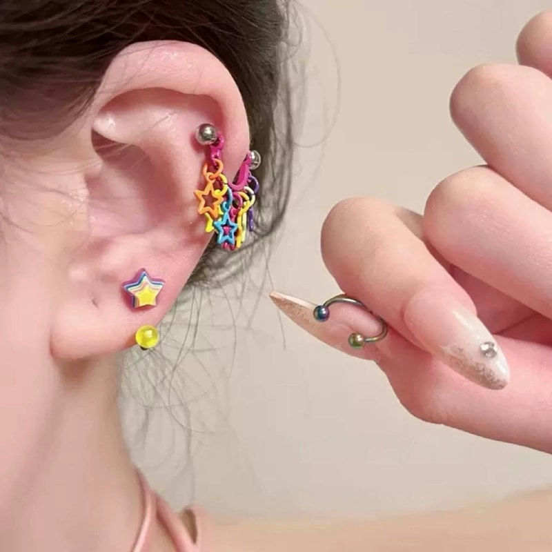 Colorful Hollow Star Tassel Earrings for Women Trendy Geometric Hip Hop Earbone Studs