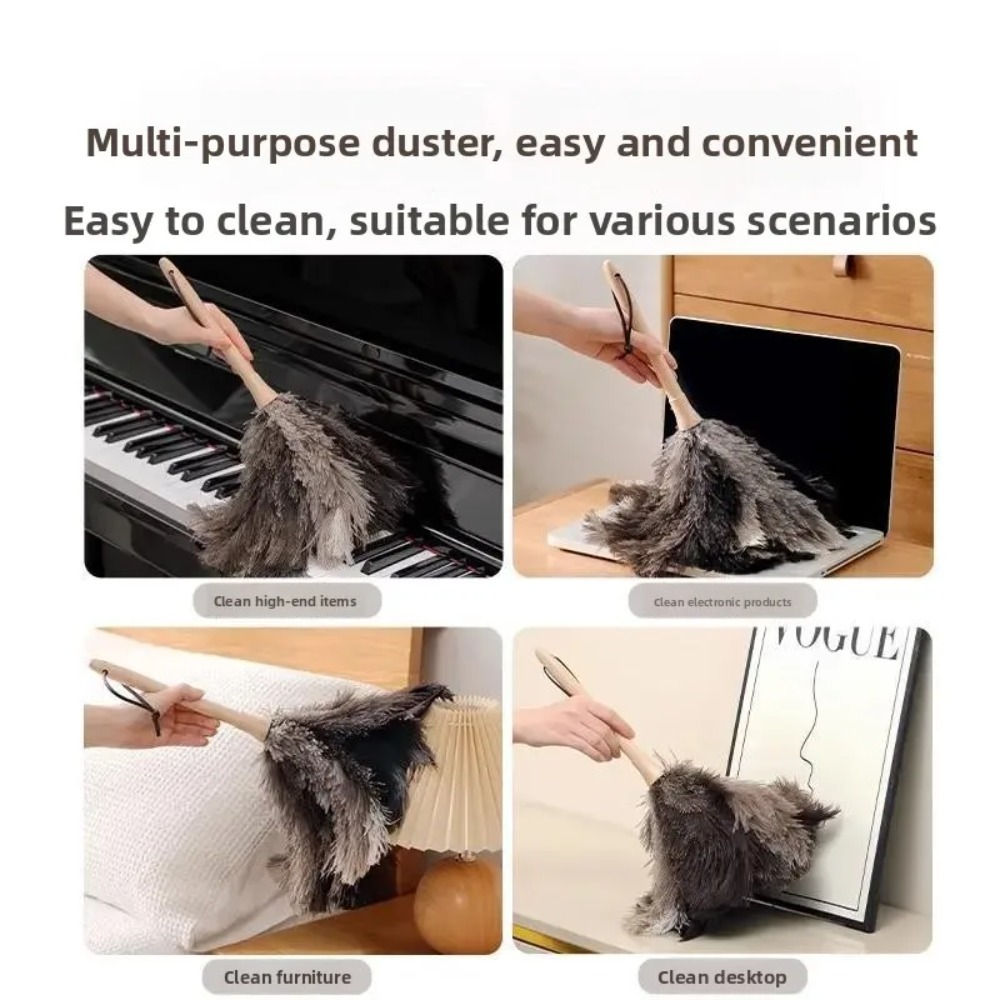 Ostrich Feather Duster With Wooden Handle Anti Static Reusable Cleaning Brush 2