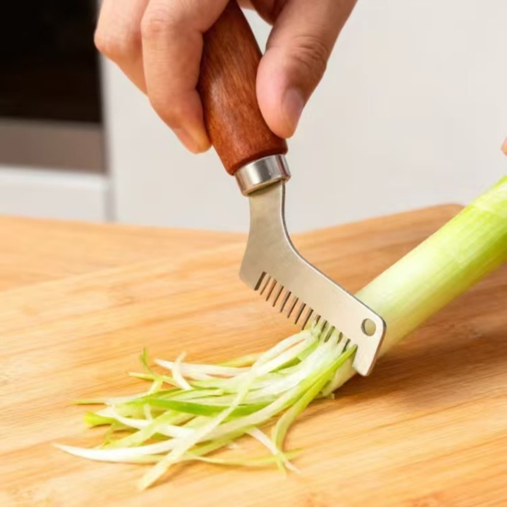 Stainless Steel Green Onion Slicer with Wooden Handle for Fast Herb & Vegetable Prep