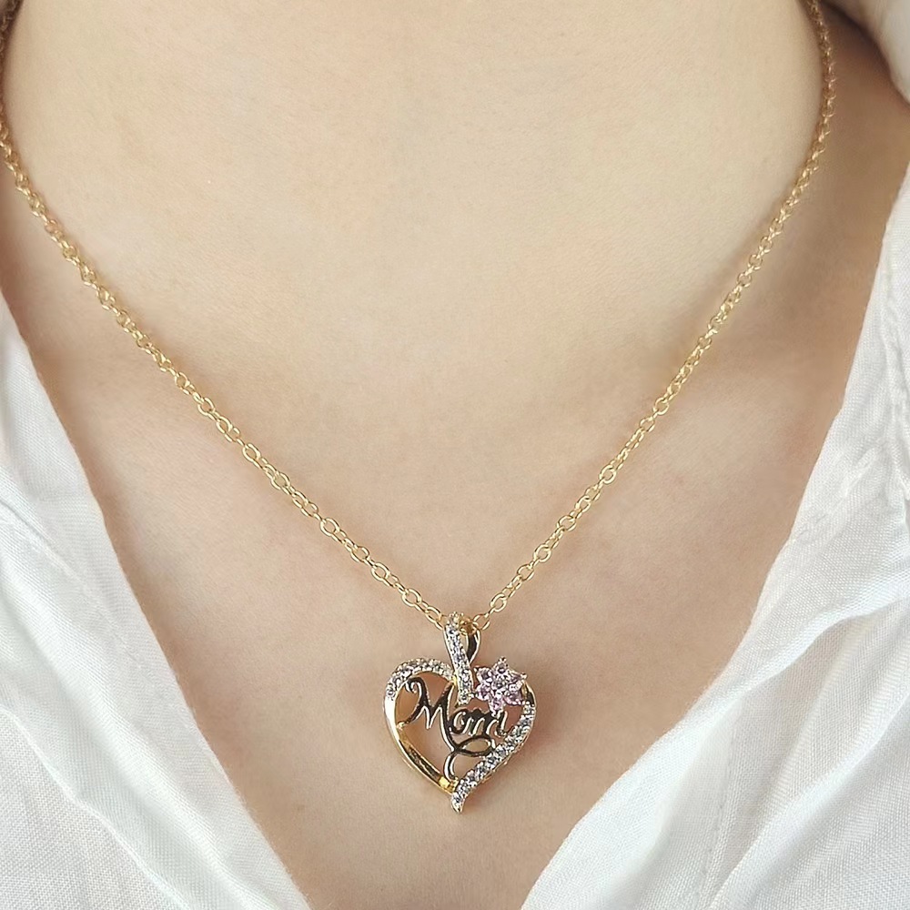 Gold Plated Mom Heart Necklace with Pink Cubic Zirconia Gift for Mothers