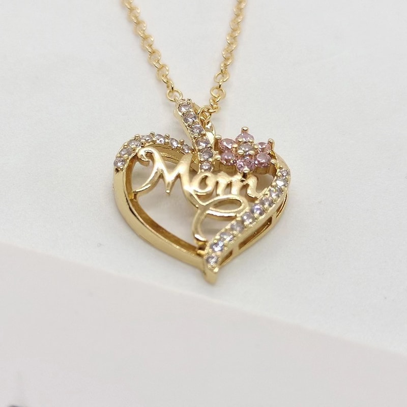 Gold Plated Mom Heart Necklace with Pink Cubic Zirconia Gift for Mothers