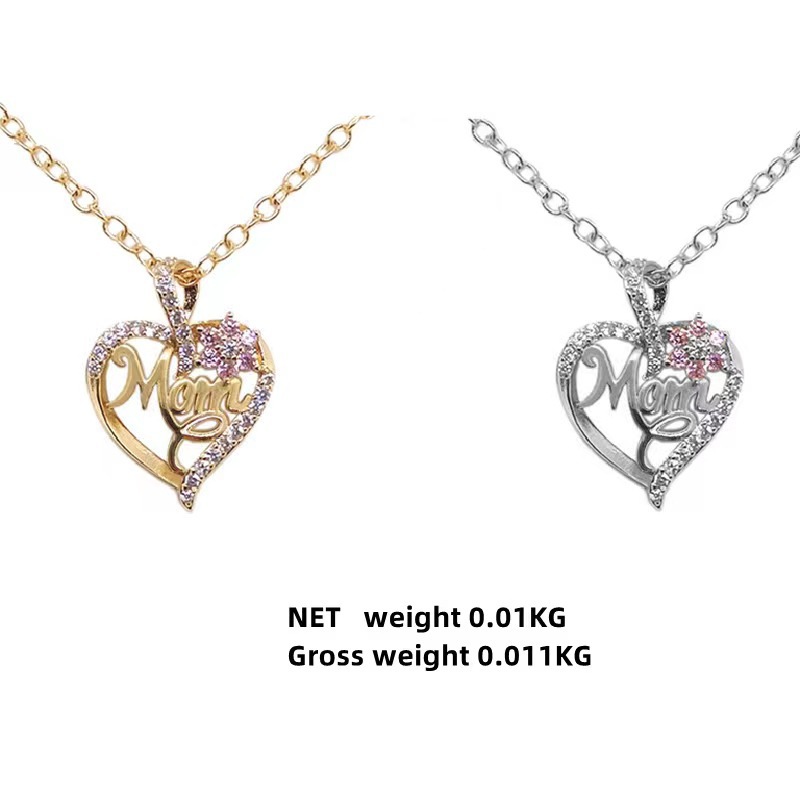 Gold Plated Mom Heart Necklace with Pink Cubic Zirconia Gift for Mothers