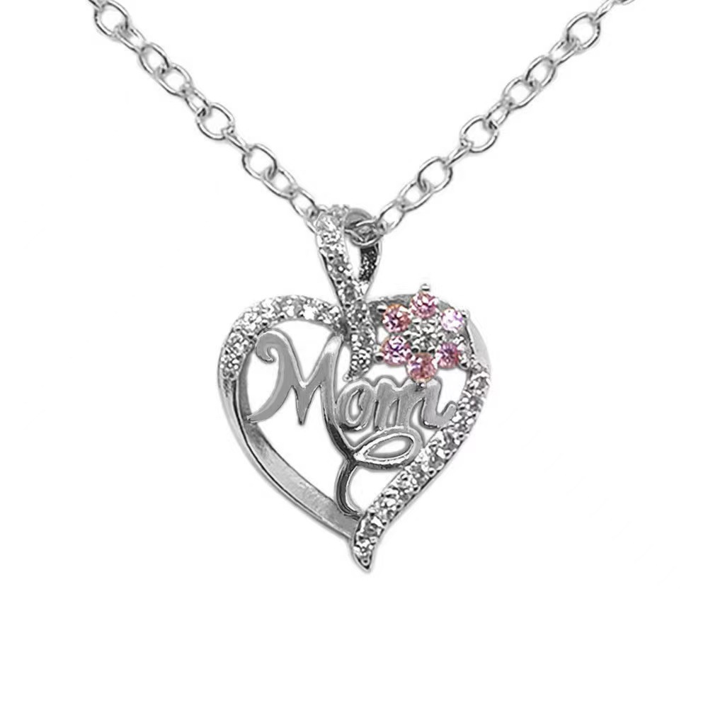 Gold Plated Mom Heart Necklace with Pink Cubic Zirconia Gift for Mothers