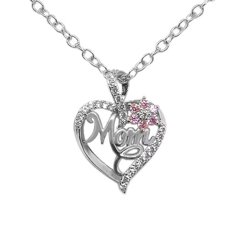 Gold Plated Mom Heart Necklace with Pink Cubic Zirconia Gift for Mothers