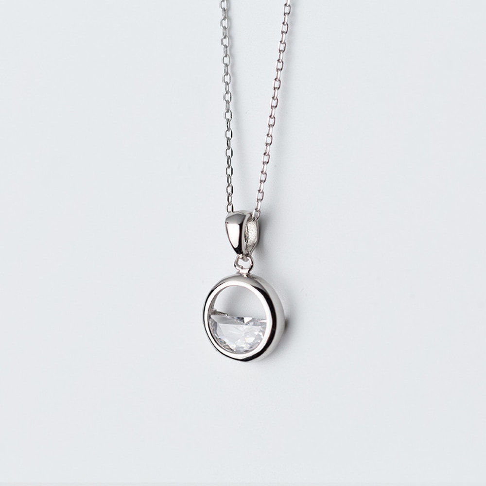 Silver Crystal Round Pendant Necklace For Women Minimalist Fine Jewelry 0