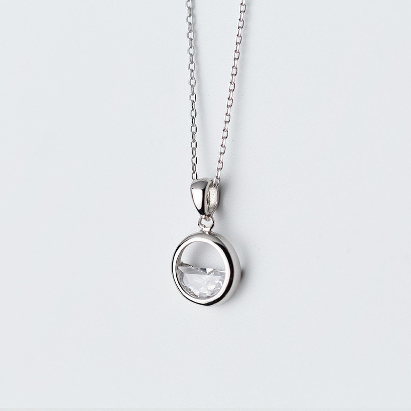 Silver Crystal Round Pendant Necklace For Women Minimalist Fine Jewelry 0