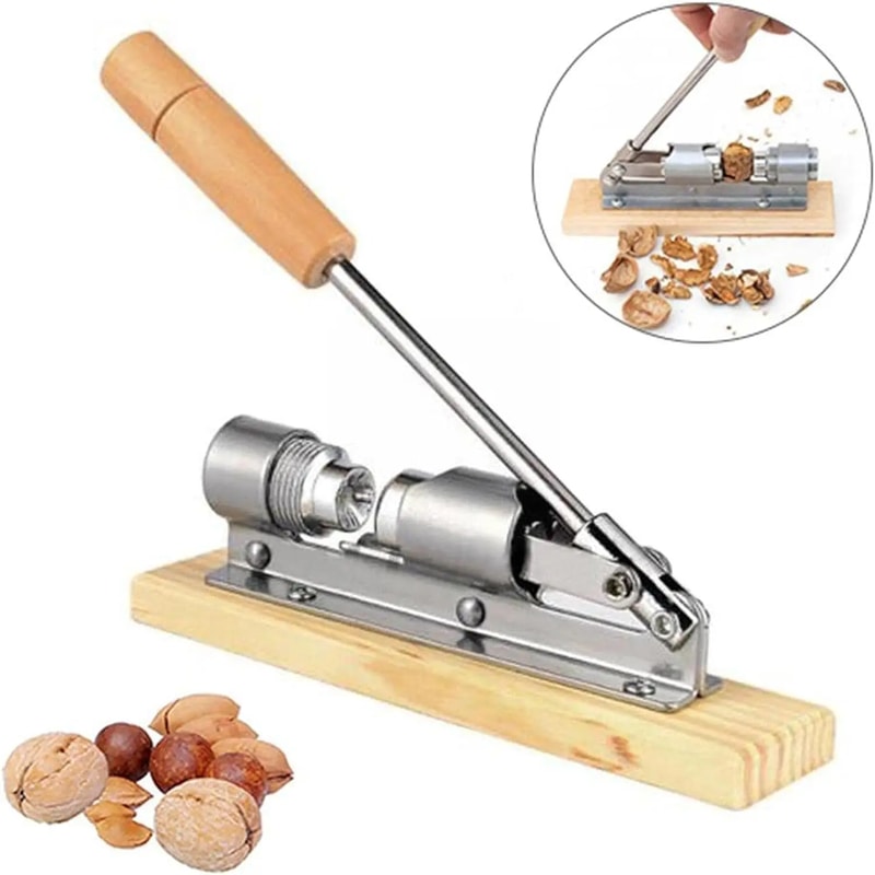 Stainless Steel Nutcracker Tool for Walnuts, Pecans & Almonds with Adjustable Wooden Base