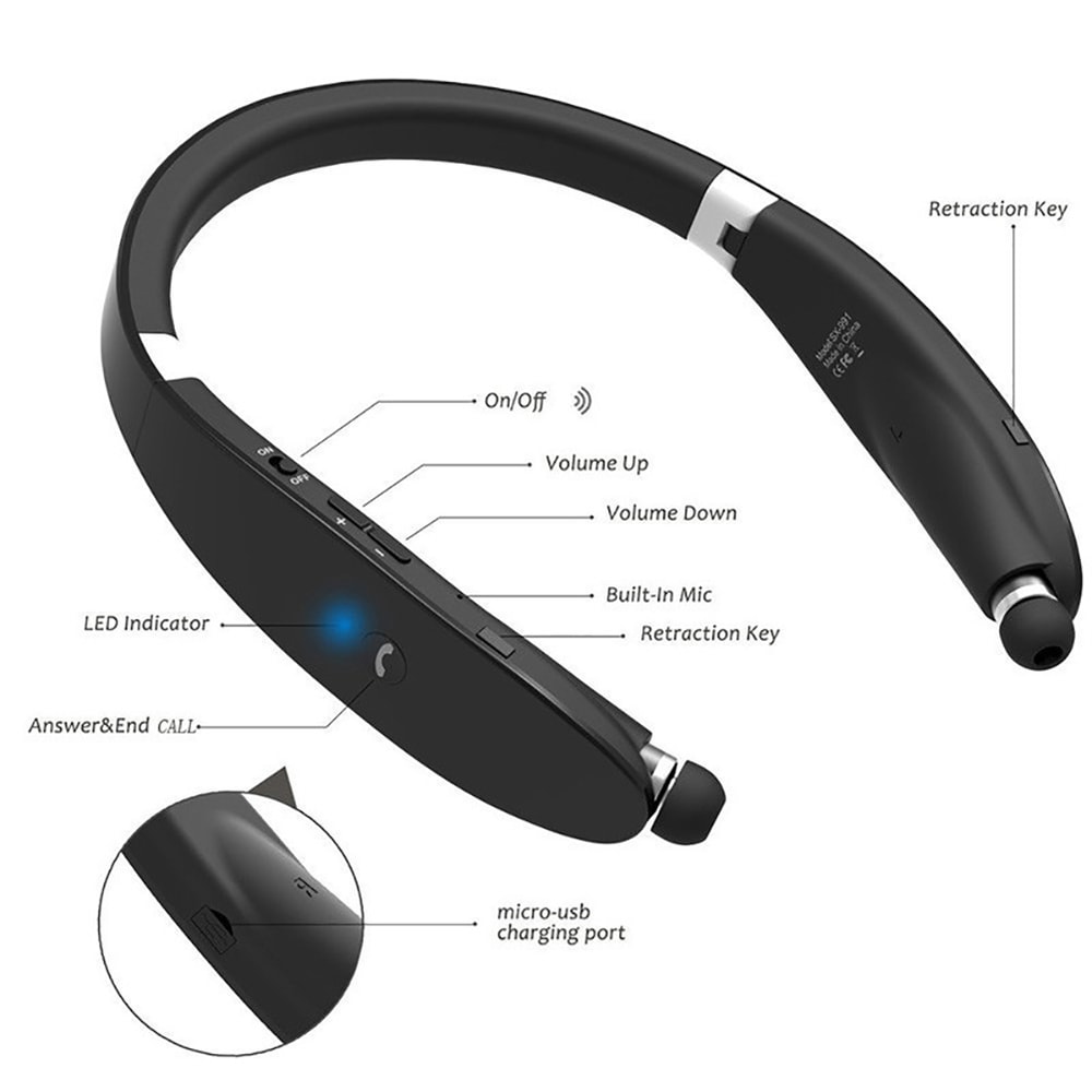 FlexTune Wireless Neckband Earbuds with Foldable Telescopic Design & HD Mic