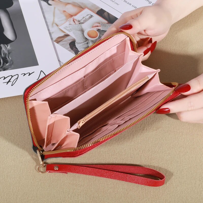Korean Color Block Zip Wallet for Women with Tassel & Card Organizer