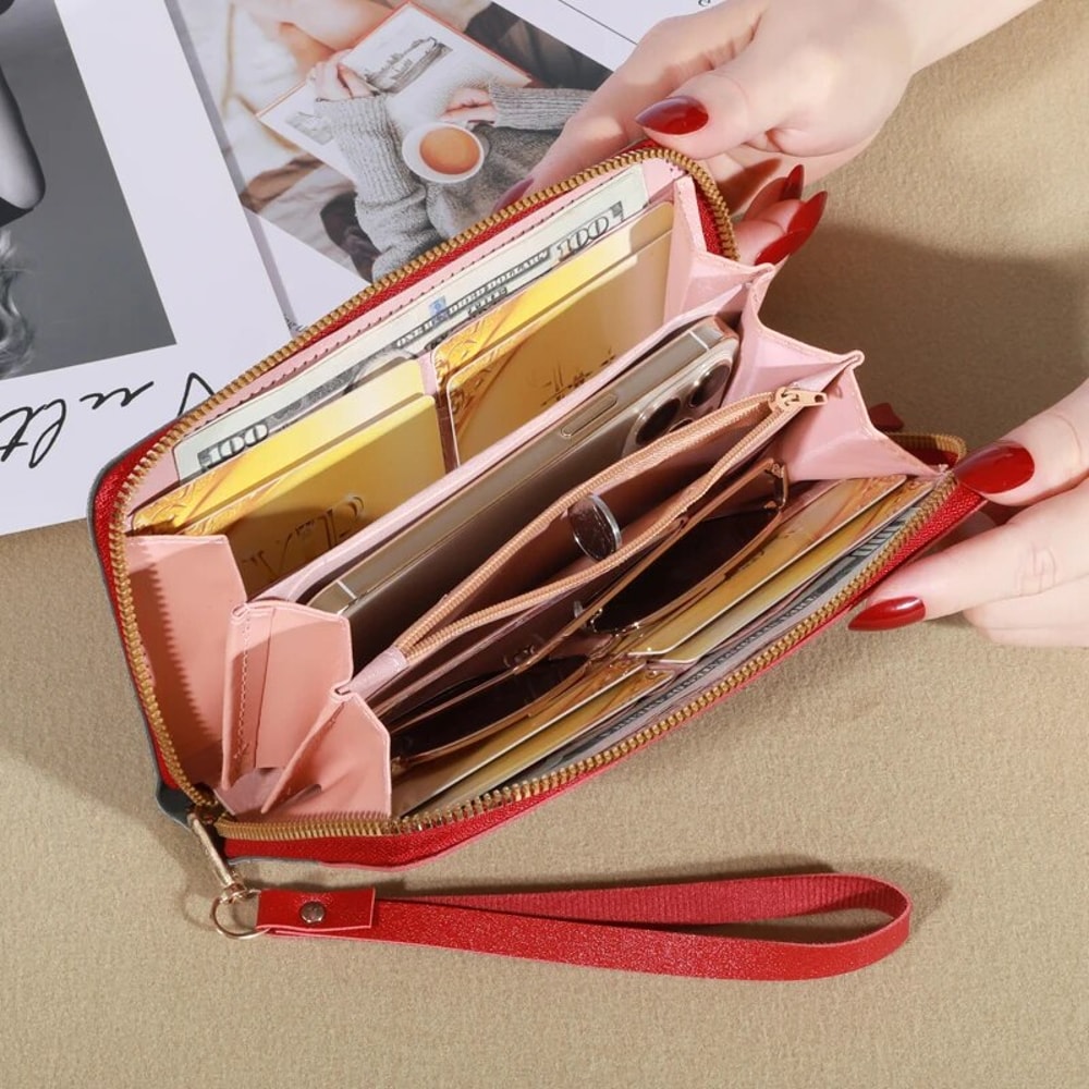 Korean Color Block Zip Wallet for Women with Tassel & Card Organizer