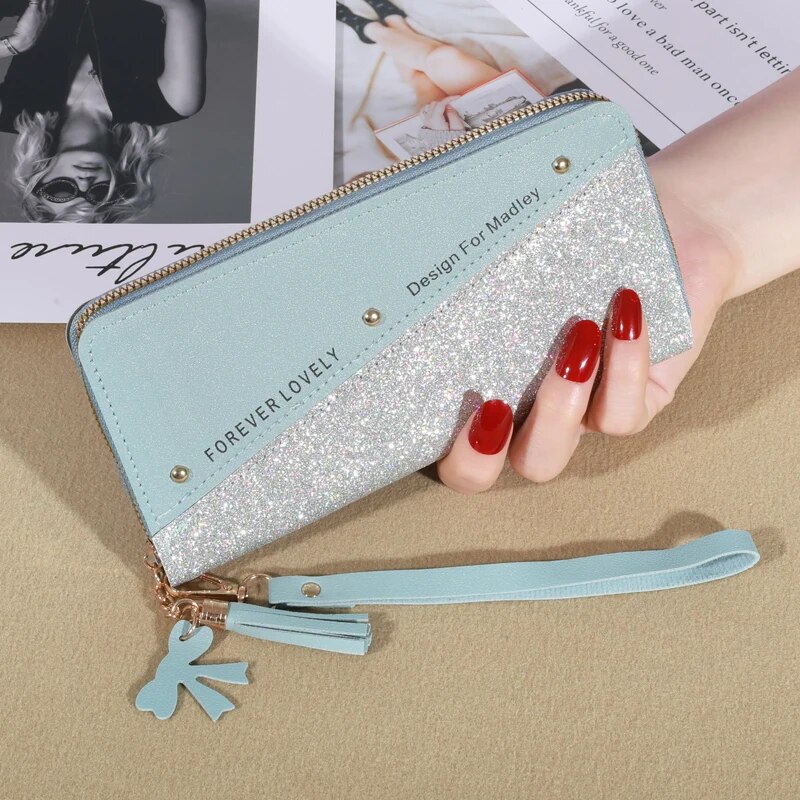 Korean Color Block Zip Wallet for Women with Tassel & Card Organizer