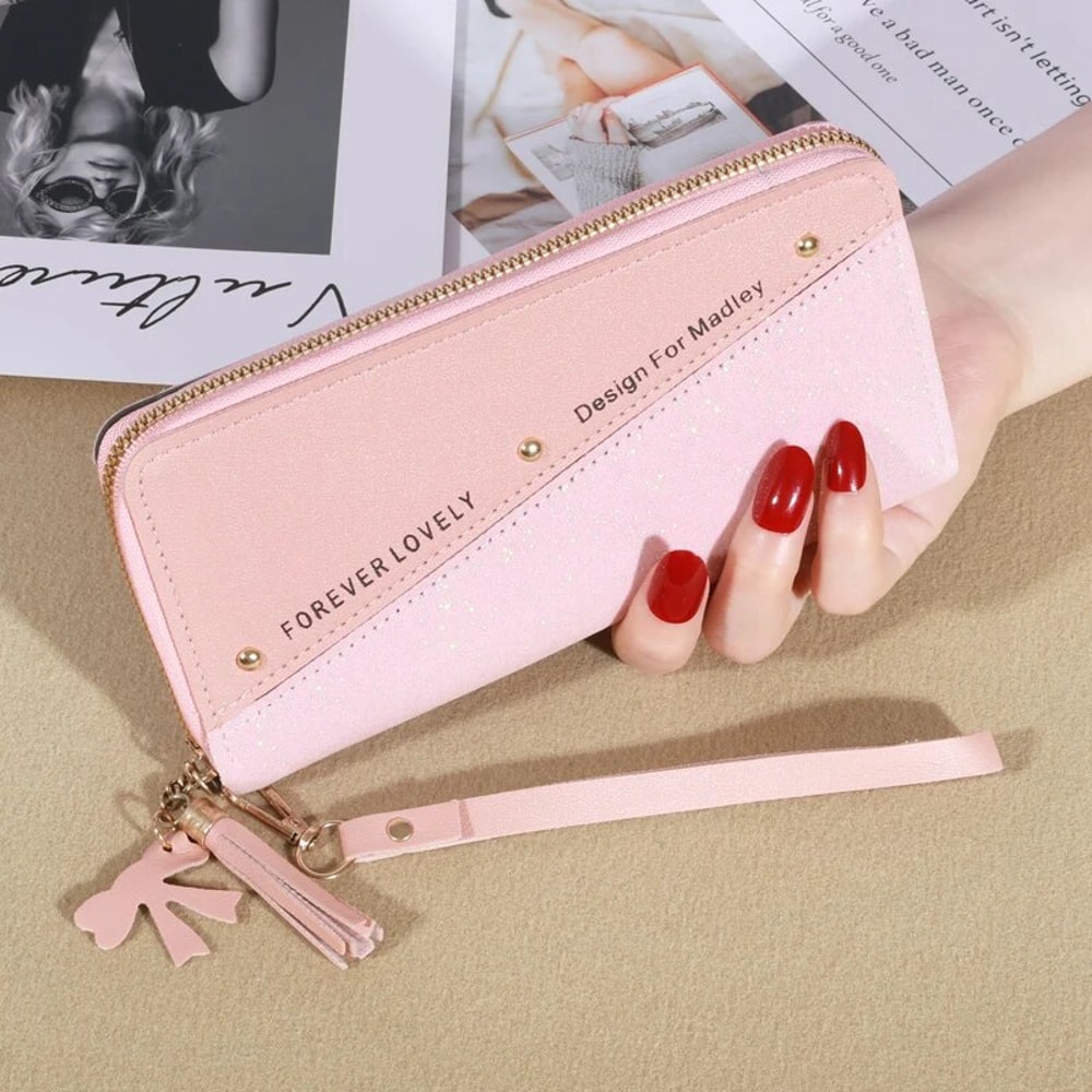 Korean Color Block Zip Wallet for Women with Tassel & Card Organizer