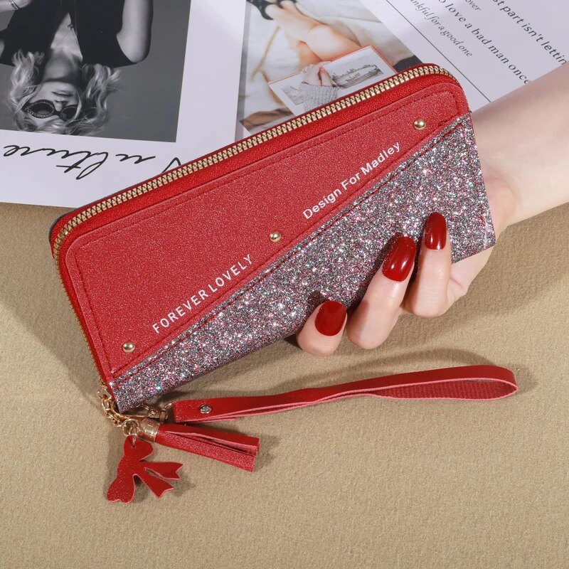Korean Color Block Zip Wallet for Women with Tassel & Card Organizer