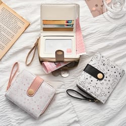 playful cat mini wallet wristlet for women compact card holder wallet with zipper coin pocket