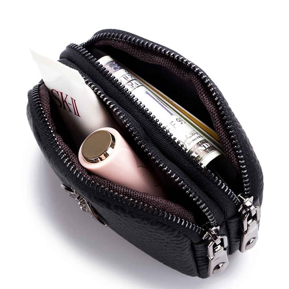 Vintage Leather Double Zip Coin Purse Wallet For Women Travel Organizer Pouch 2