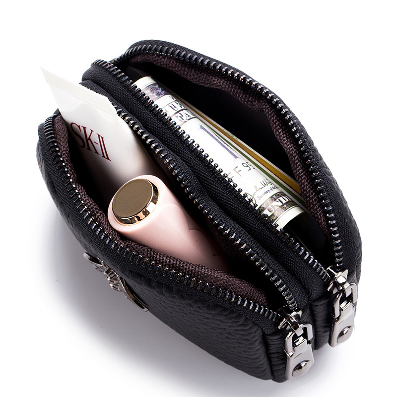 Vintage Leather Double Zip Coin Purse Wallet For Women Travel Organizer Pouch 2
