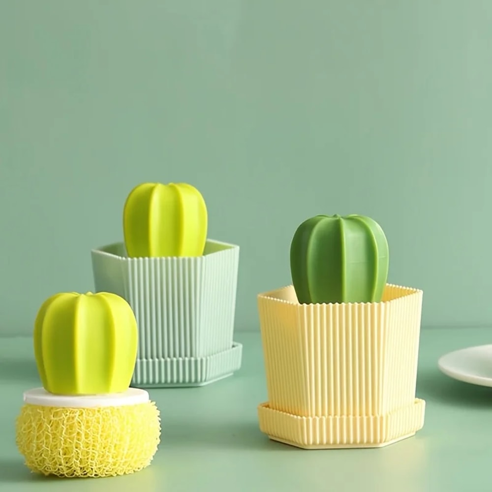 Cactus Handle Dish Scrubber Brush with Nano Cleaning Ball for Pots, Pans & Sinks