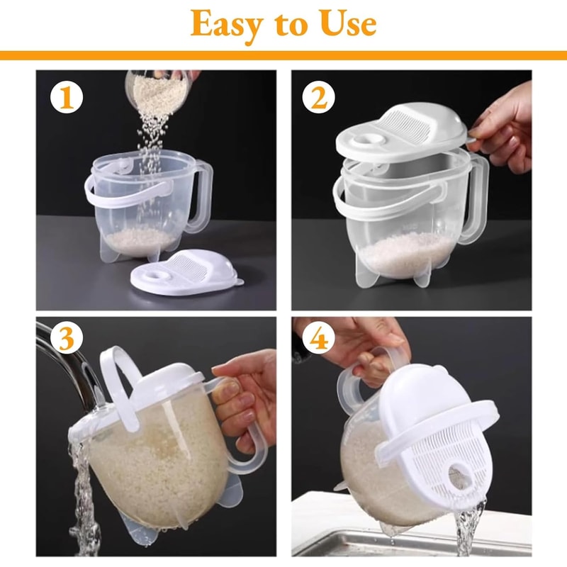 Smart Drain Rice Washer Bowl with Handle and Fine Strainer for Grains, Fruits and Pasta