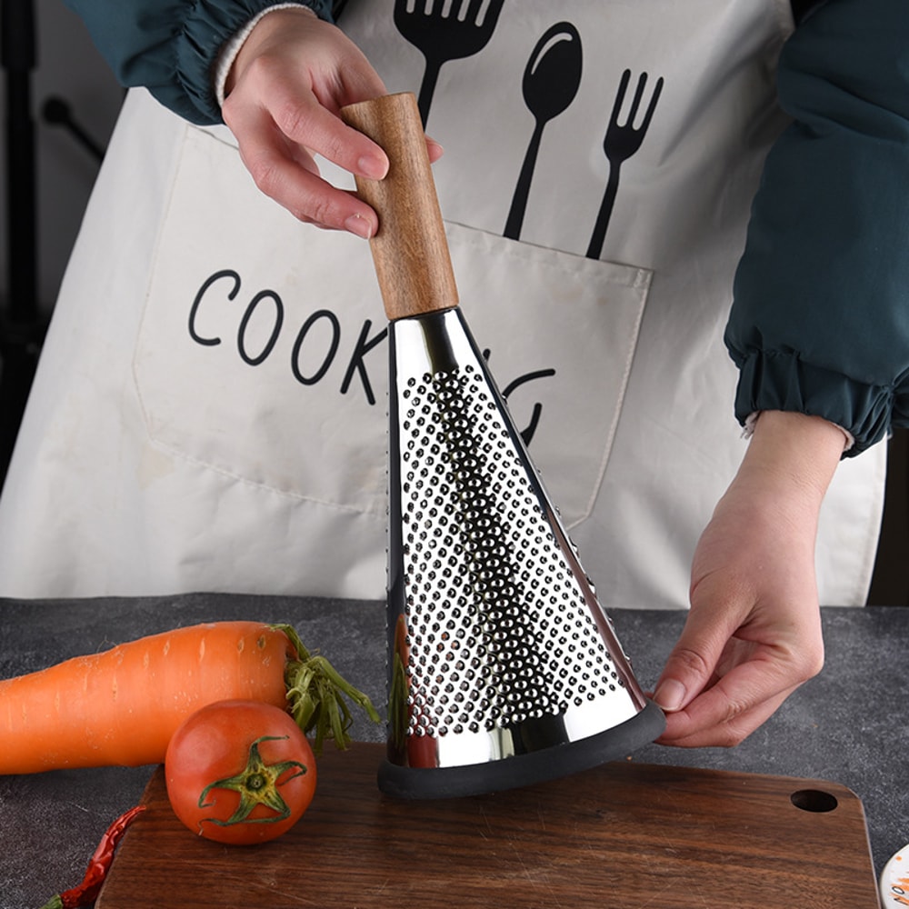 Rustic Stainless Steel Cone Grater with Wooden Handle for Cheese, Potatoes & Vegetables