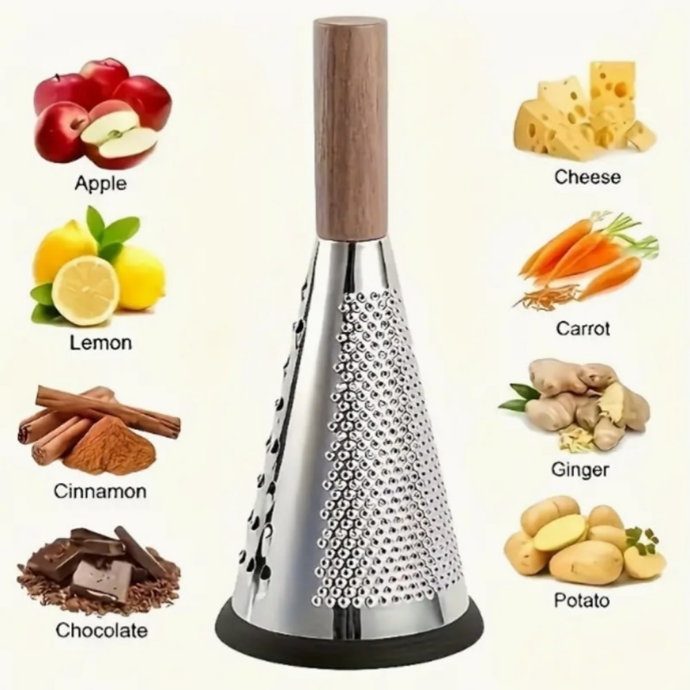 Rustic Stainless Steel Cone Grater with Wooden Handle for Cheese, Potatoes & Vegetables