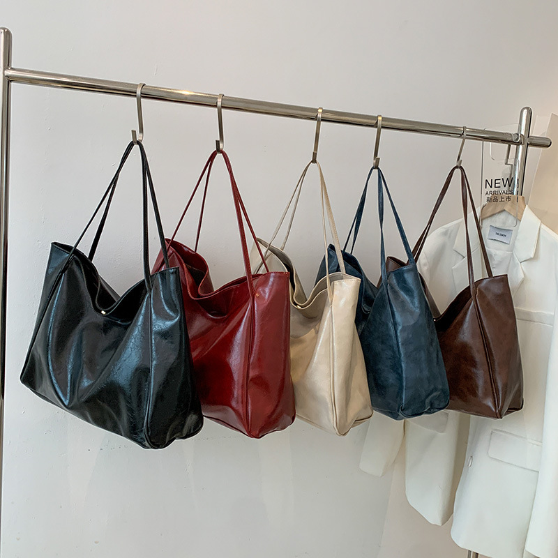 Vintage Soft Leather Tote Bag For Women Large Capacity Korean Style Shoulder Bucket Handbag 0