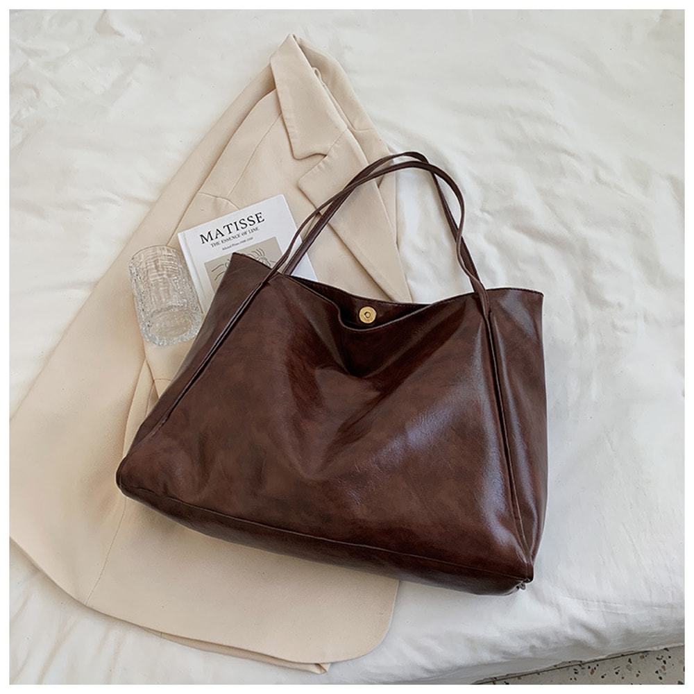 Vintage Soft Leather Tote Bag For Women Large Capacity Korean Style Shoulder Bucket Handbag 8