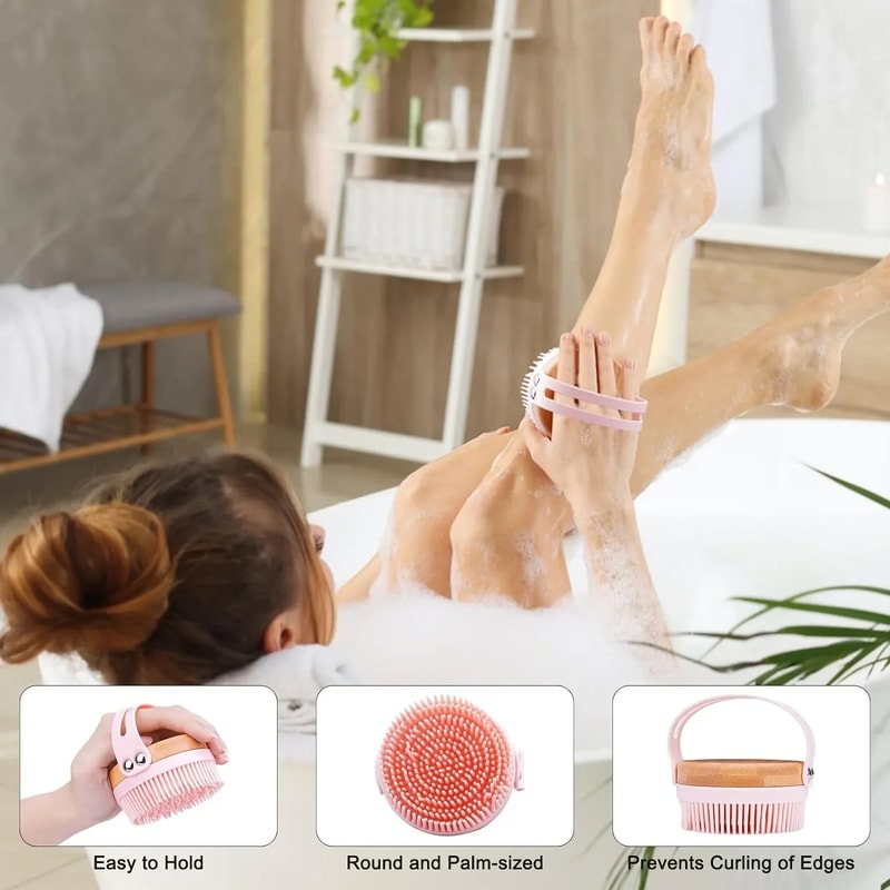 Silicone Body Scrubber Brush with Bamboo Base for Gentle Exfoliating Spa Shower Care