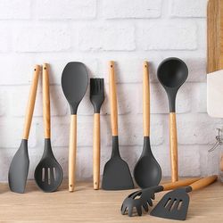 Kitchen Silicone Wooden Handle Utensil Set - Pot Shovel, Soup Spoon, Leaky Spoon, Cooking Tools, Tableware