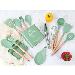 Silicone Kitchenware: Non-stick Cooking Utensils with Wooden Handle - Egg Beaters, Spatula & More
