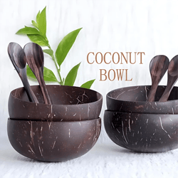 4PCS Natural Coconut Bowl Dinnerware Set with Handmade Spoon - Perfect for Desserts, Fruit Salad, and More | Eco-Friendl