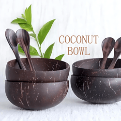 4pcs natural coconut bowl dinnerware set with handmade spoon - perfect for desserts, fruit salad, and more | eco-friendl