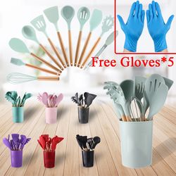 12PCS Silicone Kitchen Utensils Set: Non-Stick Cookware with Wooden Handle Spatula, Egg Beaters - Kitchenware Accessorie