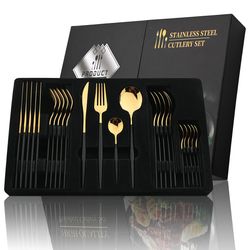 24-Piece Black Handle Golden Cutlery Set | Stainless Steel Knife Fork Spoon | Tableware Flatware Set for Kitchen & Dinin