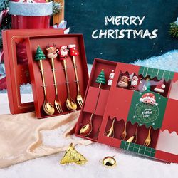Christmas Gift Glod Spoon Fork Set: Elk Christmas Tree Decoration, Dessert Scoop, Fruit Fork, Coffee Spoon Cutlery Set