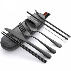 8Pcs Reusable Travel Cutlery Set with Stainless Steel Spoon, Fork, Chopsticks, Straw & Portable Case - Ideal for Camping