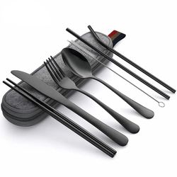 8pcs reusable travel cutlery set with stainless steel spoon, fork, chopsticks, straw & portable case - ideal for camping