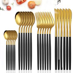 Premium 24-Piece Stainless Steel Dinnerware Set: Black Gold Cutlery Spoon Fork Knife | Elegant Western Silverware Flatwa