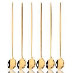 6Pcs Gold Cutlery Set: Coffee, Tea, Juice Spoons - Long Handle Scoops for Ice Cream - Kitchen Tableware Tools