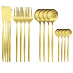 Elegant 16-Piece Gold Matte Cutlery Set | Stainless Steel Tableware for Western Dining | Knife, Fork, Spoons Dinnerware