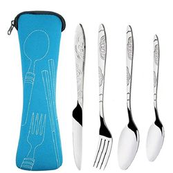 Portable Stainless Steel Dinnerware Set with Bag - Camping Cutlery for Family Dining and Outdoor Adventures