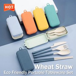 portable tableware set: wheat straw dinnerware for travel, picnic, camping - detachable cutlery, 4pcs
