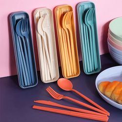 Eco-Friendly Travel Cutlery Set: 4Pcs Wheat Straw Dinnerware - Knife, Fork, Spoon, Utensil Box, Chopsticks