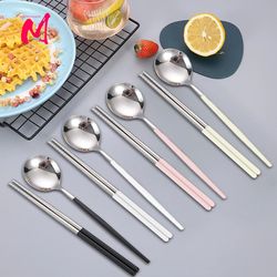 reusable stainless steel chopsticks & spoon set - non-slip sushi sticks, soup spoon, dinnerware