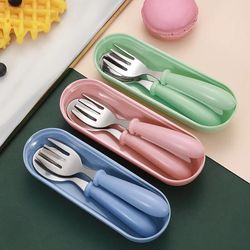 3pcs Stainless Steel Children Spoon Forks Box - Portable Baby Feeding Utensils & Tableware Set