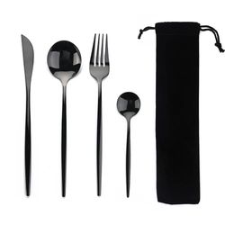 Portable Stainless Steel Dinnerware Set with Bag | 4Pcs Cutlery Flatware for Kitchen, Dining, Tea Time