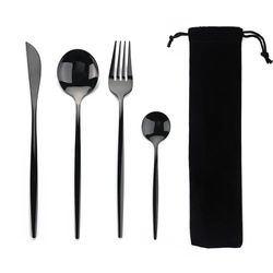 portable stainless steel dinnerware set with bag | 4pcs cutlery flatware for kitchen, dining, tea time