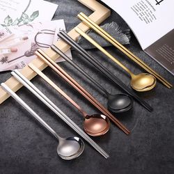 korean long handle chopsticks spoon cutlery set - reusable stainless steel, non-slip sushi sticks, food soup spoon, dinn