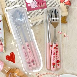 Cute Strawberry Korean Cutlery Set with Case - Portable Stainless Steel Tableware for Travel and Kitchen