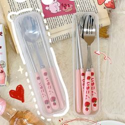 cute strawberry korean cutlery set with case - portable stainless steel tableware for travel and kitchen